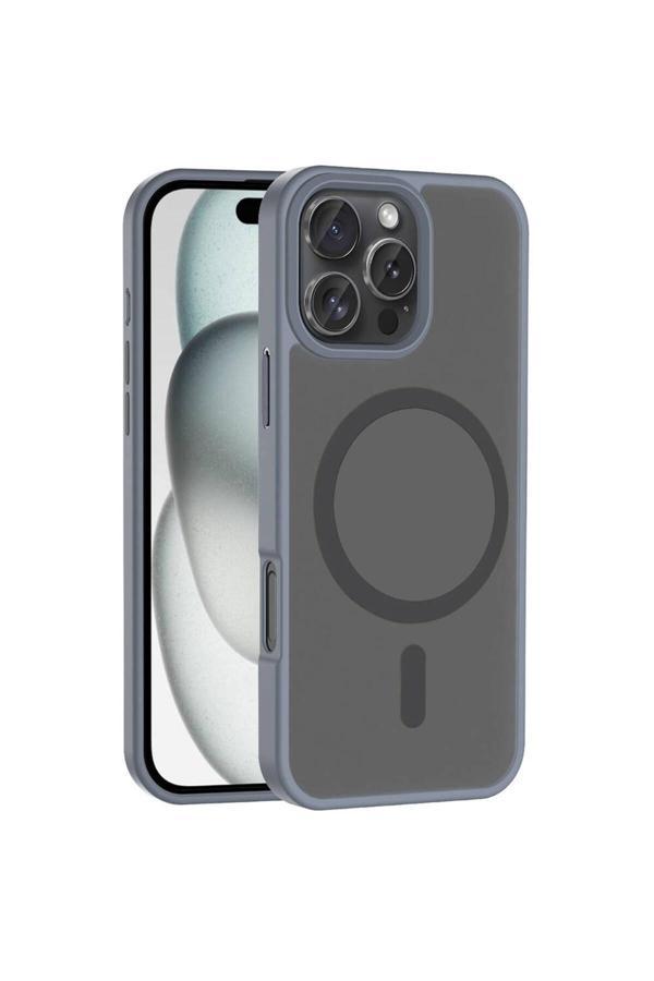 Zore İphone 16 Pro Kılıf Magsafe Şarj Özellikli Mat Arka Yüzey Sio Kapak-Gri - Image 1