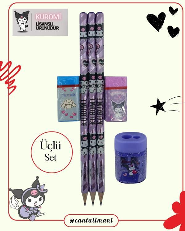 Kuromi Lisanslı Mor Kurşun Kalem Seti (3 Adet Kurşun Kalem, 2 Adet Silgi, Kalemtraş) - Image 1