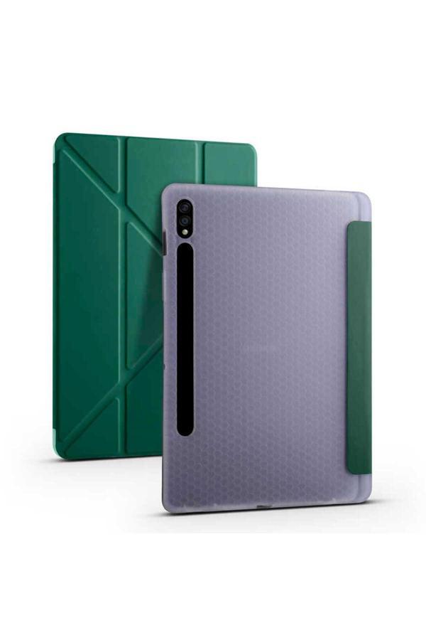 Kılıftech Galaxy Tab S7 Plus T970 Kılıf  Uyumlu Zore Tri Folding Kalem Bölmeli Standlı Kılıf-Koyu Yeşil - Image 1