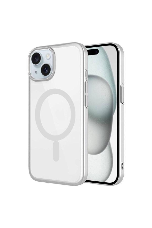 Zore İphone 15 Uyumlu Wireless Şarj Özellikli Sert Pc Mat Riksos Magsafe Kılıf-Gümüş - Image 1