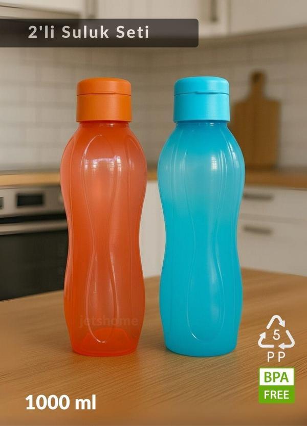 2’li PP-5 Su Şişesi Seti – 1000 ml Sızdırmaz Matara, BPA Free, Ev-İş-Spor İçin Mavi-Turuncu - Image 1