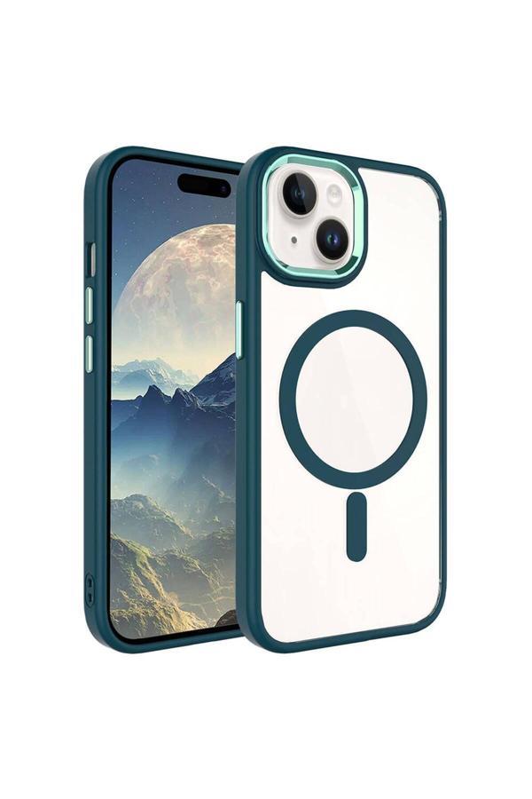 Marselit İphone 15 Plus Uyumlu Wireless Şarj Özellikli Zore Krom Magsafe Silikon Kılıf-Koyu Yeşil - Image 1