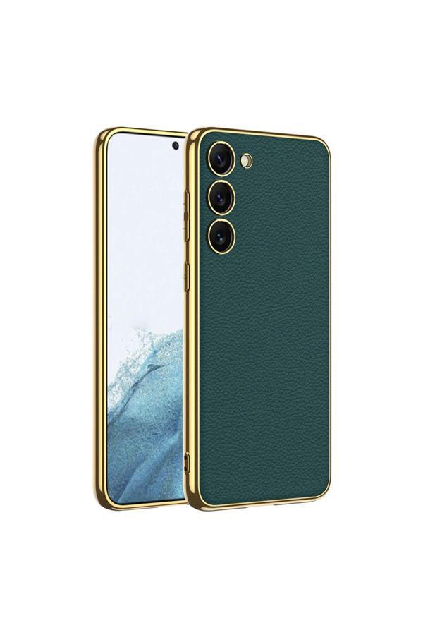 Wenixs Galaxy S23 Uyumlu Deri Görünümlü Kenarları Elektroplating Kaplama Zore Fizyon Kılıf-Koyu Yeş - Image 1