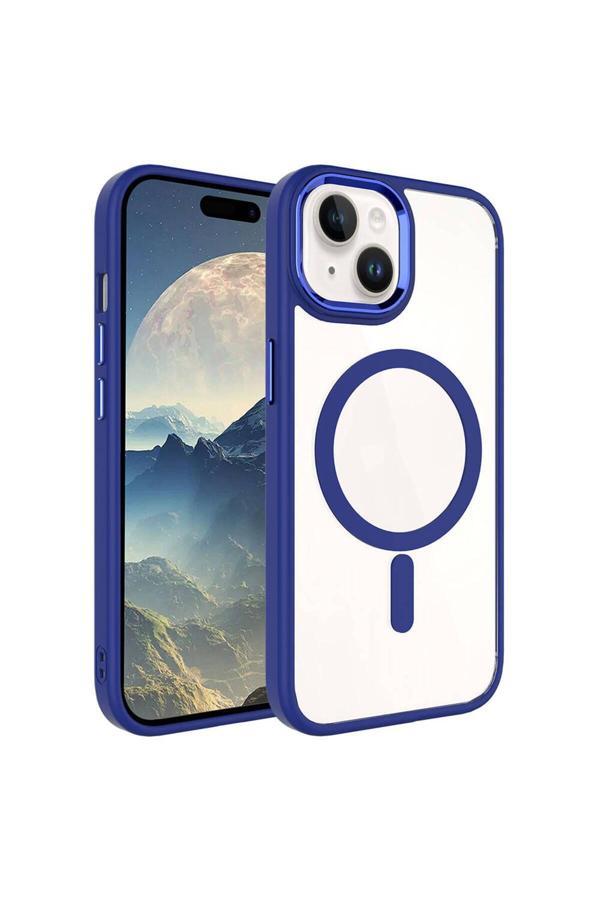 Noir318 İphone 15 Uyumlu Wireless Şarj Özellikli Zore Krom Magsafe Silikon Kılıf-Lacivert - Image 1