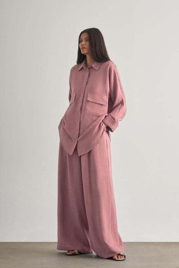 Mizalle Keten Dokulu Beli Lastikli Pudra Pembe Bol Kesim Pantolon - Image 1