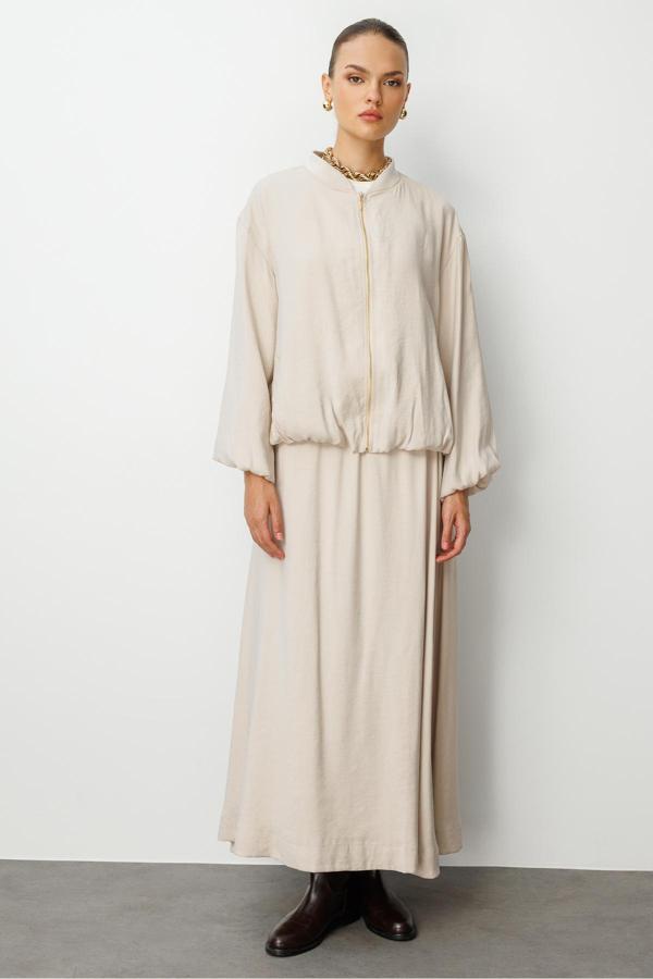 Mizalle Modal Karışımlı Taş Rengi Oversize Bomber Ceket - Image 1