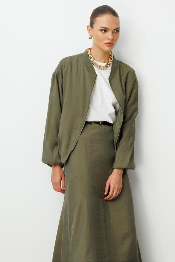 Mizalle Modal Karışımlı Haki Oversize Bomber Ceket - Image 1