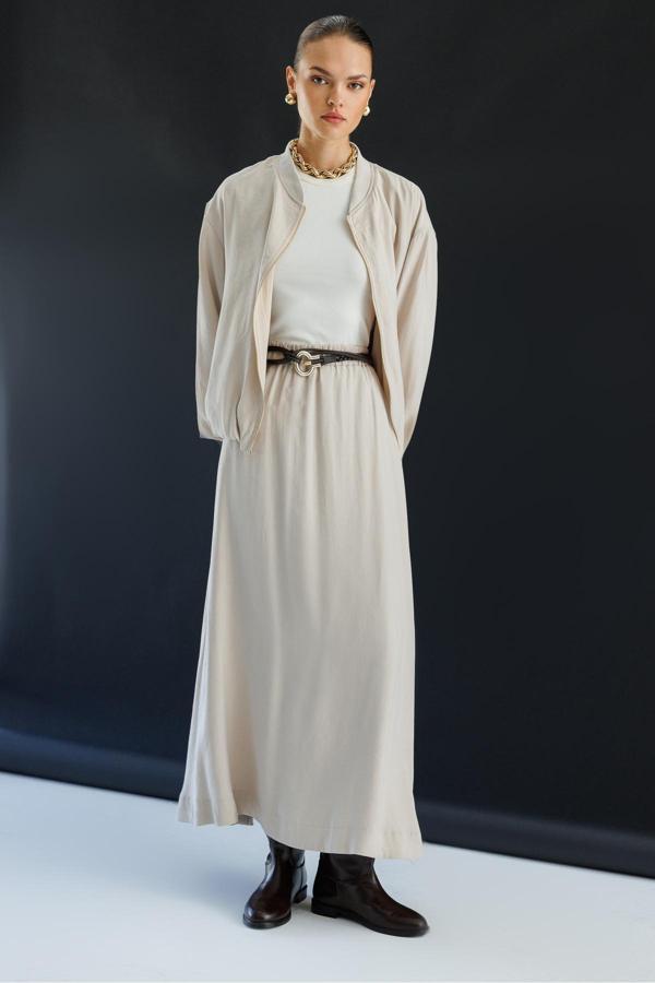 Mizalle Modal Karışımlı Taş Rengi Beli Lastikli Maksi Etek - Image 1