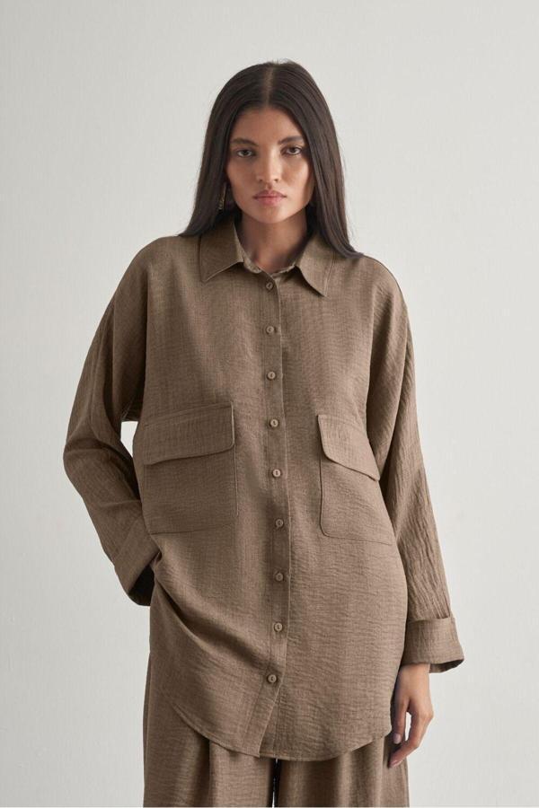 Mizalle Keten Dokulu Torba Cepli Kahverengi Tunik - Image 1