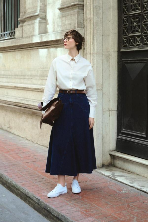 Mizalle Parça Volanlı Lacivert Maksi Denim Etek - Image 1