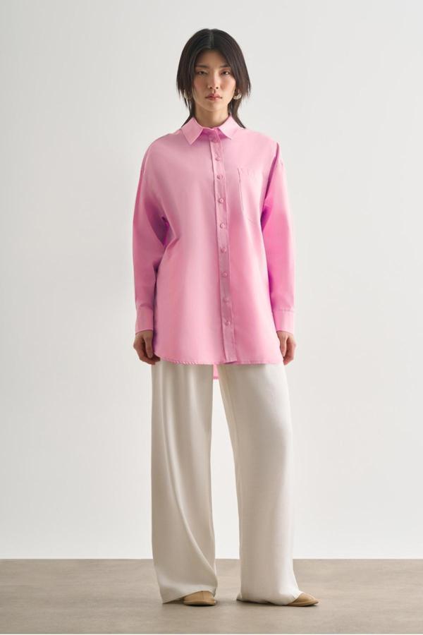 Mizalle Premium Saf Pamuk Pembe Oversize Gömlek - Image 1