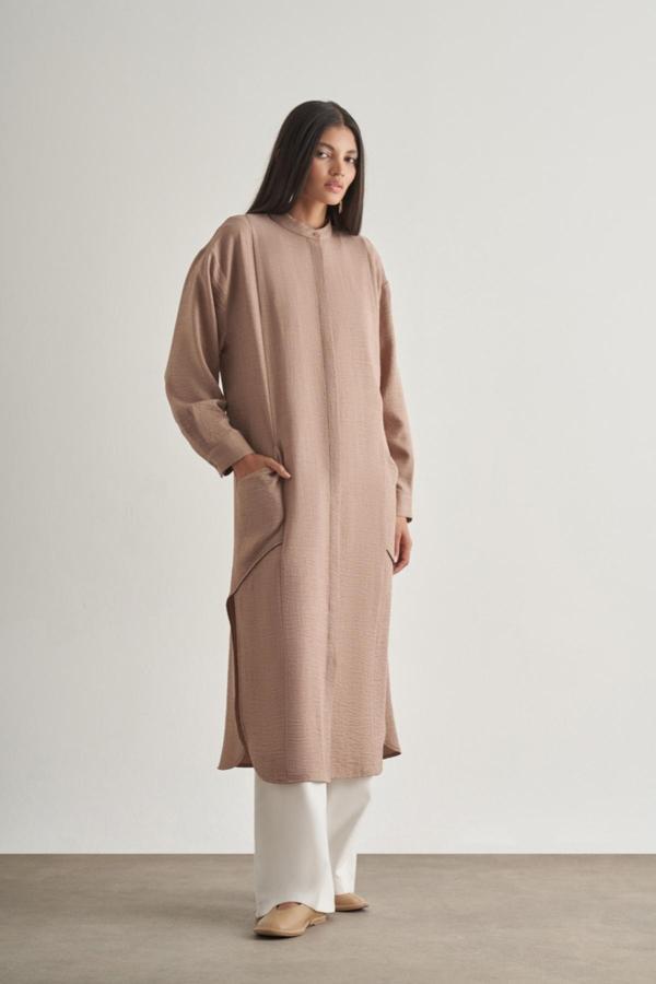 Mizalle Keten Dokulu Verev Cepli Kahverengi Uzun Tunik - Image 1