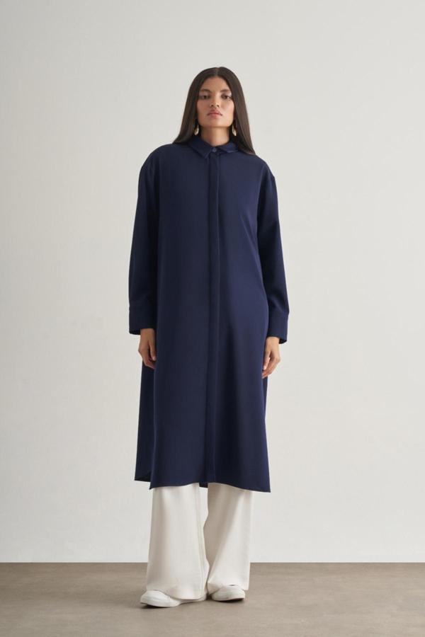Mizalle Mizallle Çıtçıtlı Uzun Yazlık Lacivert Tunik - Image 1
