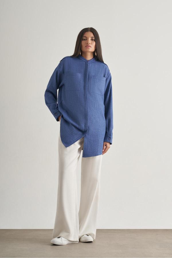 Mizalle Keten Dokulu Apoletli Indigo Mavi Tunik - Image 1