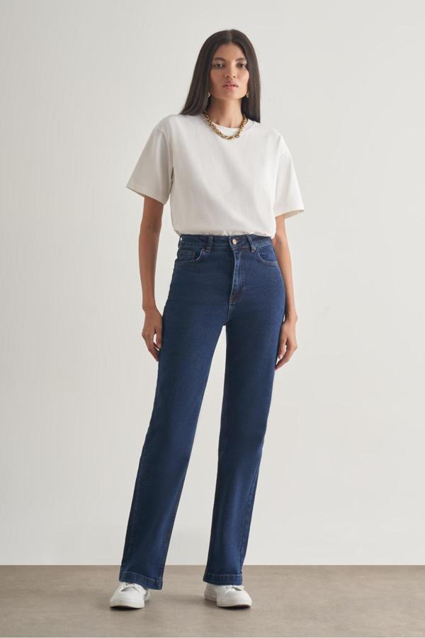 Mizalle Koyu Rins Mizalle Geniş Paça Yüksek Bel Koyu Mavi Denim Pantolon - Image 1