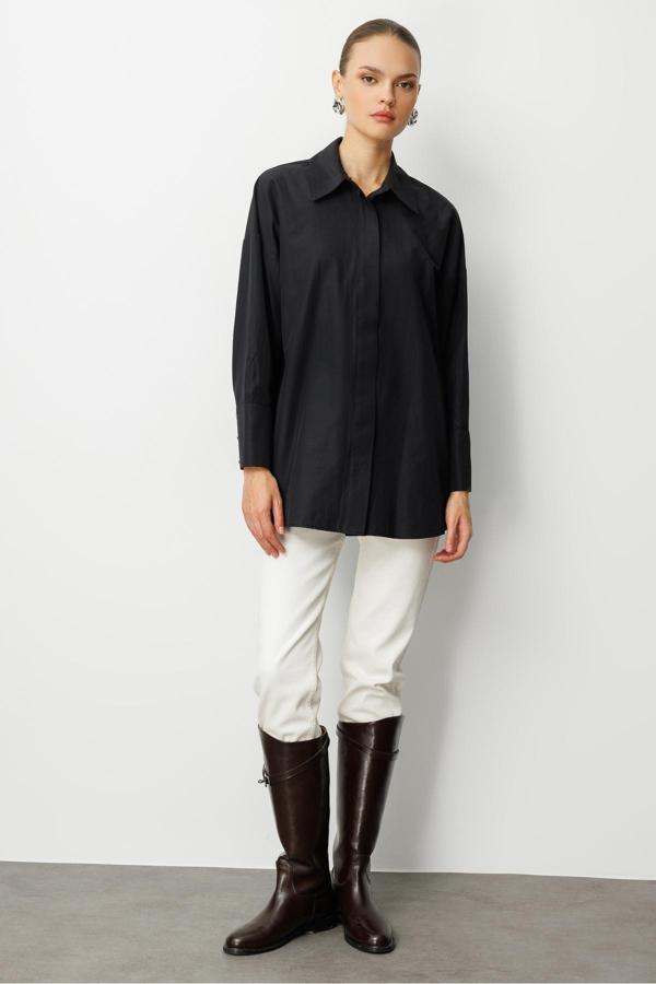 Mizalle Geniş Patlı Pamuklu Siyah Tunik - Image 1