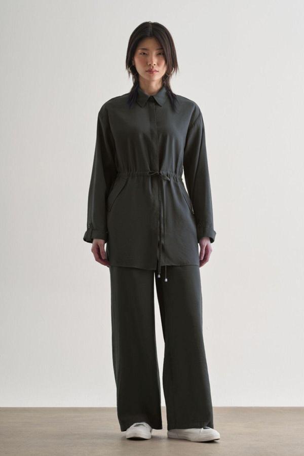 Mizalle Beli Ip Büzgülü Modal Gri Tunik - Image 1