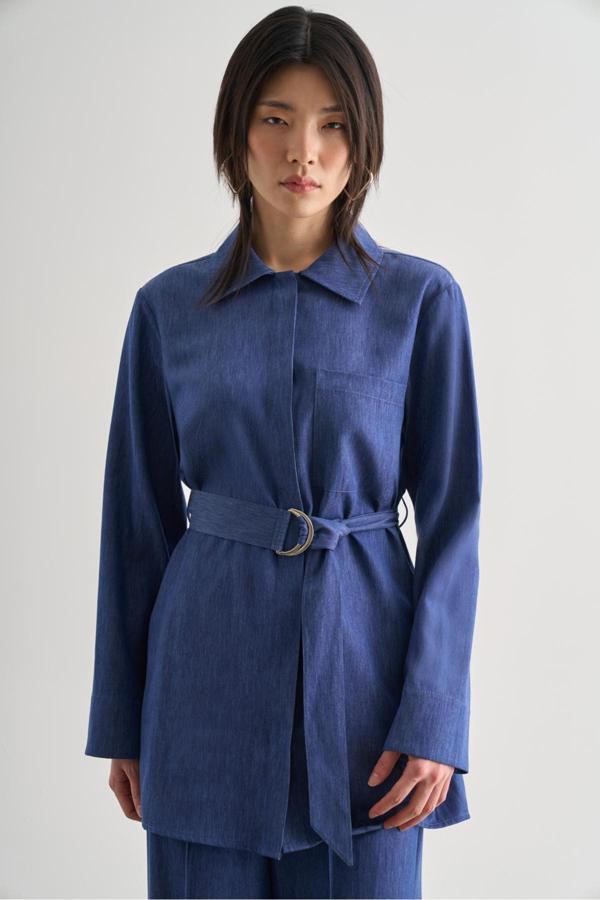 Mizalle İndigo Mavi Denim Dokulu Kemerli Tunik - Image 1