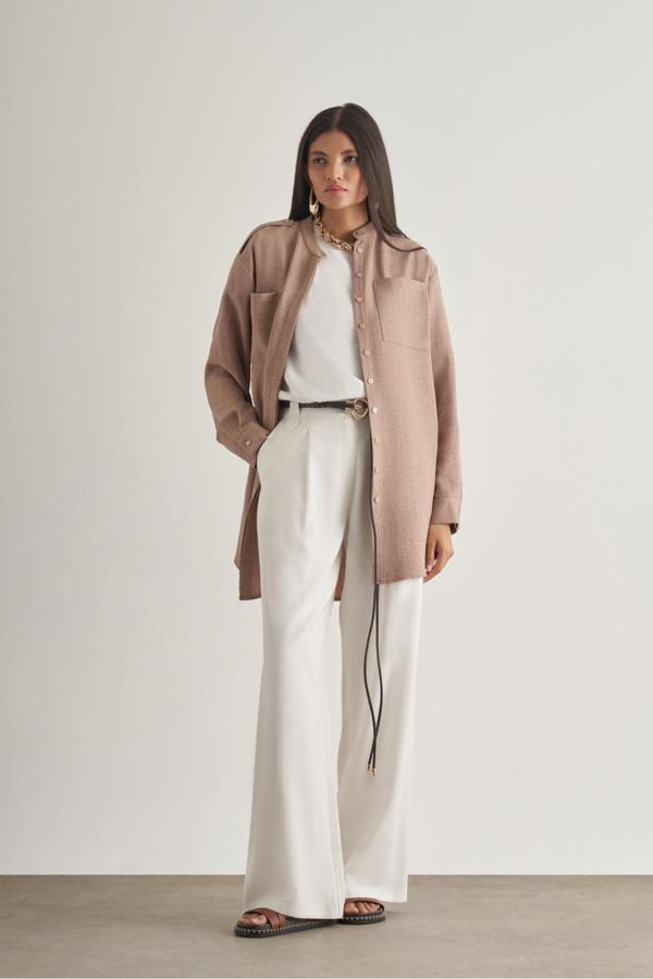 Mizalle Keten Dokulu Apoletli Bej Rengi Tunik - Image 1