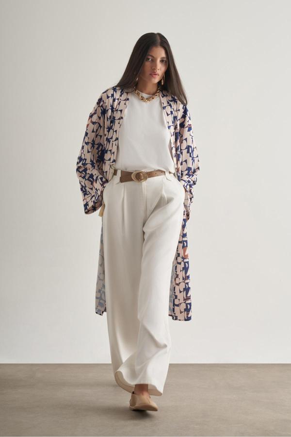 Mizalle Keten Dokulu Naturel Desenli Uzun Kimono Üst - Image 1