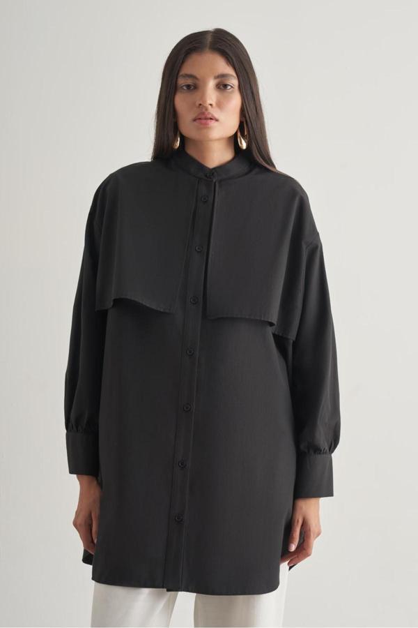 Mizalle Rüzgarlıklı Hakim Yaka Uzun Siyah Gömlek - Image 1