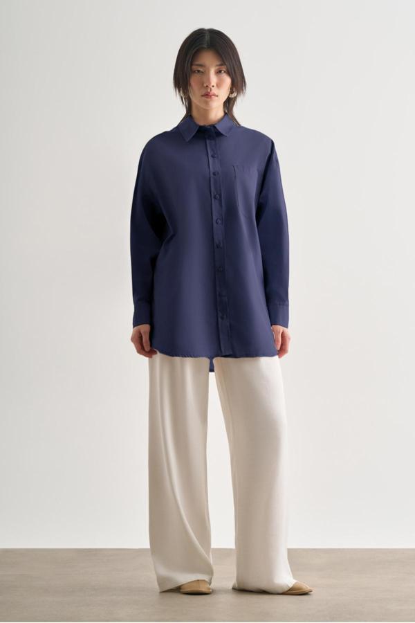 Mizalle Premium Saf Pamuk İndigo Mavi Oversize Gömlek - Image 1