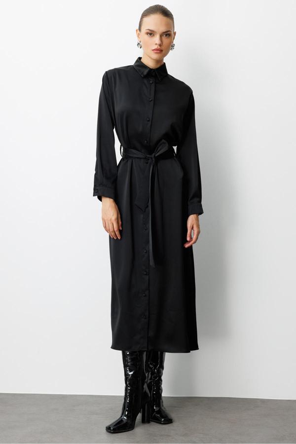 Mizalle Siyah Saten Maksi Gömlek Elbise - Image 1