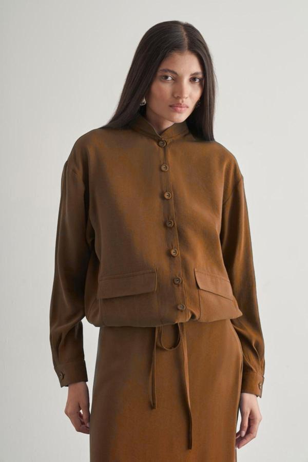 Mizalle Taba İp Büzgülü Torba Cepli Modal Karışımlı Camel Ceket - Image 1