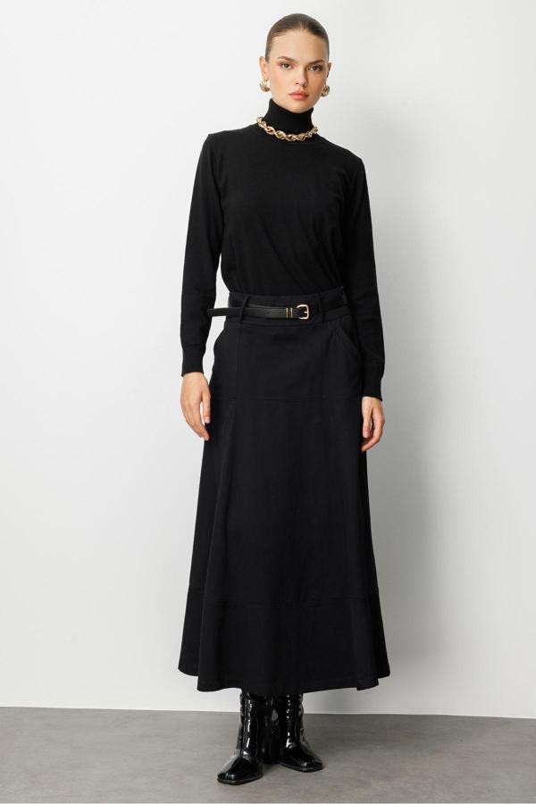 Mizalle Siyah A Kesim Kemerli Kalın Volanlı Maksi Etek - Image 1