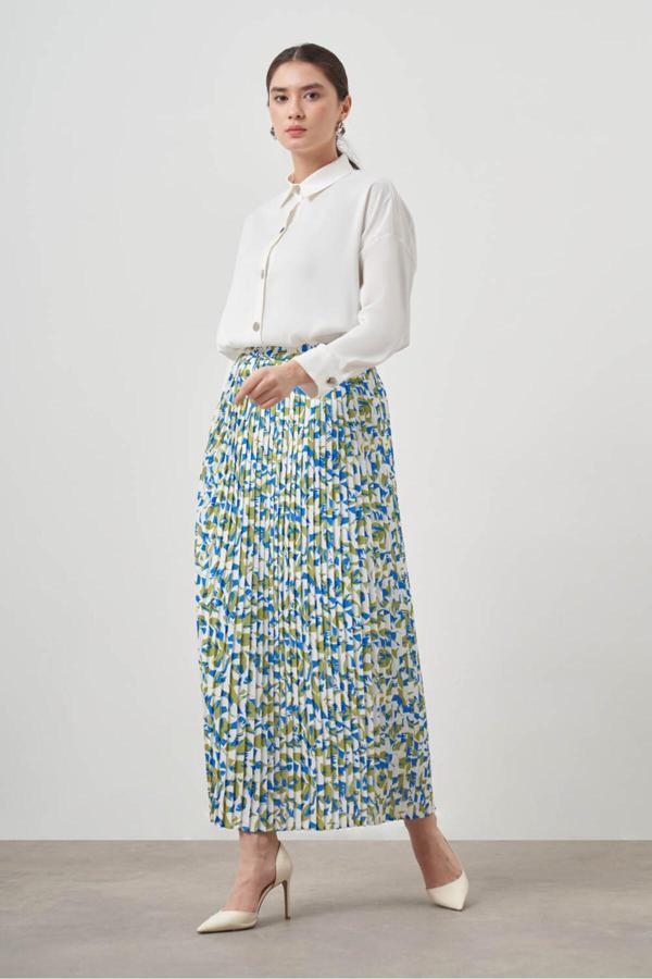 Mizalle Botanik Desenli Plise Mavi Etek - Image 1