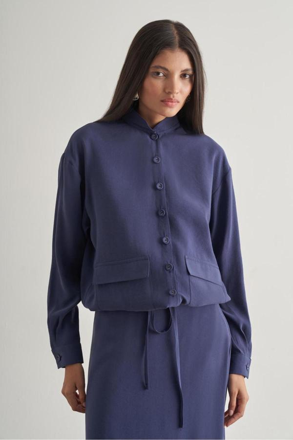 Mizalle İp Büzgülü Torba Cepli Modal Karışımlı Indigo Mavi Ceket - Image 1