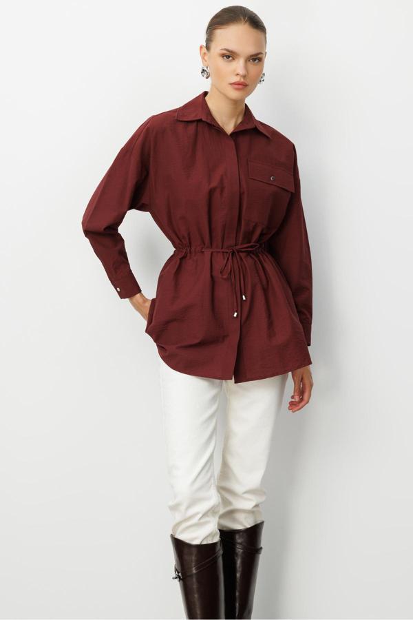 Mizalle Beli İp Büzgülü Bordo Paraşüt Trençkot Tunik - Image 1