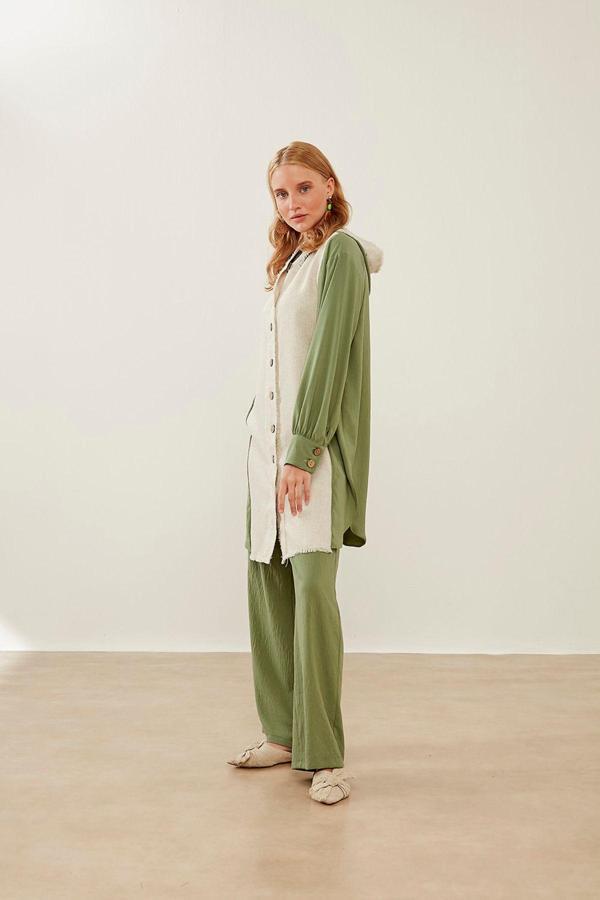 Mizalle Bel Lastikli Bol Paça Yeşil Pantolon - Image 1