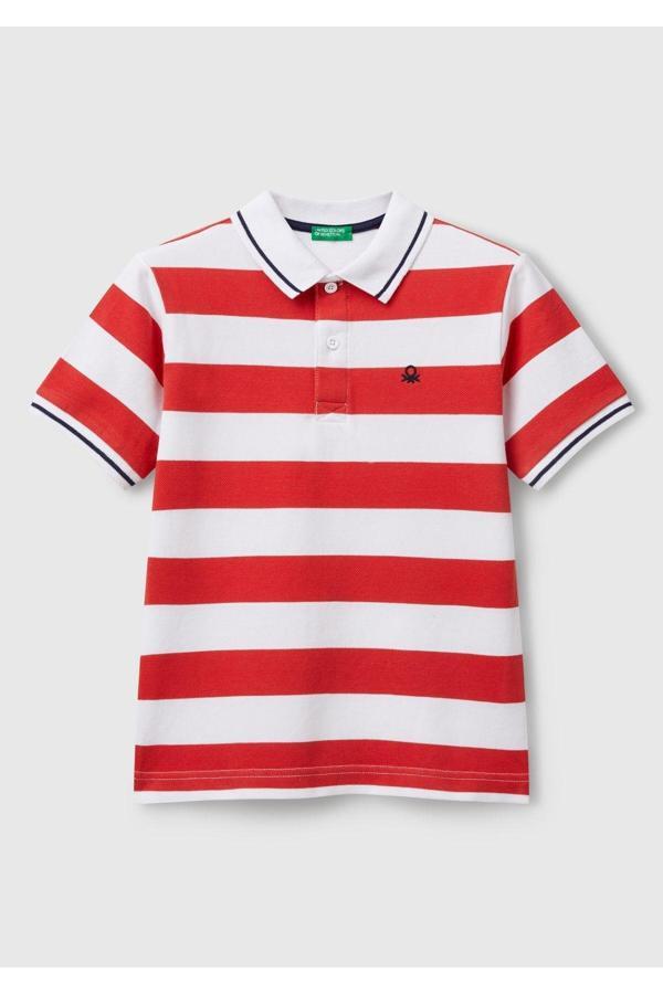 United Colors Of Benetton Erkek Çocuk Kırmızı Mix Çizgili Logo İşlemeli Polo T-Shirt - Image 1