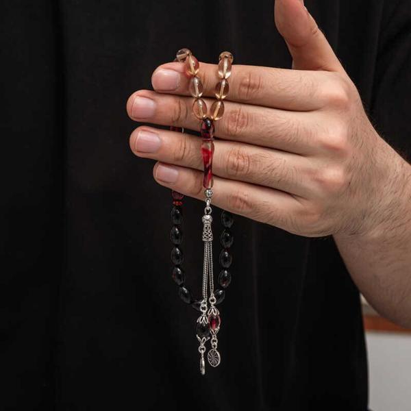 BlackCraft Gümüş Püskül Sıkma Kehribar Tesbih (BC-2EE3B4) - Image 1
