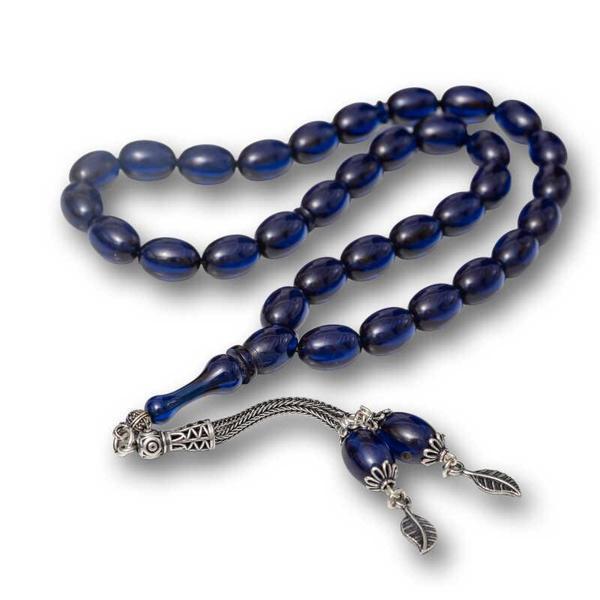 BlackCraft Gümüş Püsküllü Lacivert Sıkma Kehribar Tesbih (BC-2BE82D) - Image 1