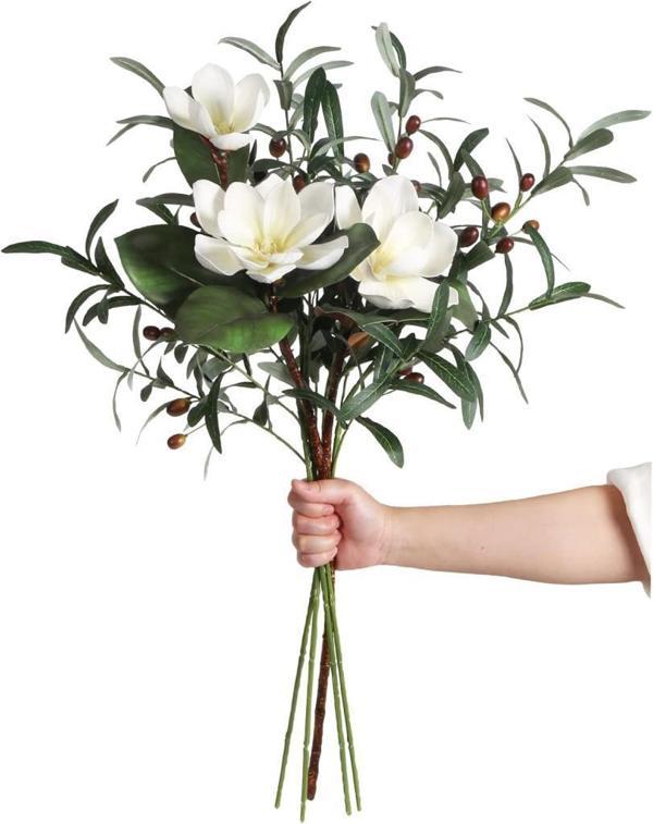 Yapay Çiçek 1Dal Beyaz Manolya 3 Kafalı 3Adet Yapay Zeytin Dalı  Uzun Dal Çiçek Flowers 80cm - Image 1