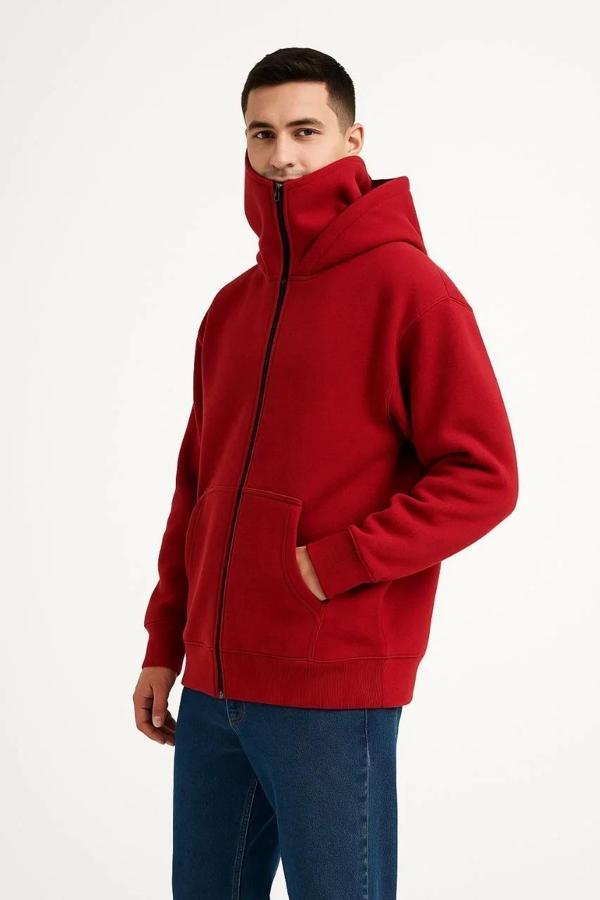 Samuray Ninja Çift Kapşonlu ZIP Fermuarlı Kanguru Çepli Tam Fermuarlı Hoodie Swetshirt - Kırmızı - Image 1