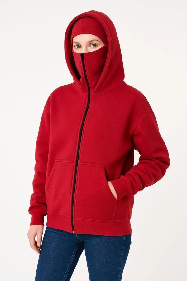 Samuray Ninja Çift Kapüşonlu Kadın Hoodie Oversize Kanguru Cepli, Bahar & Kışlık Fermuarlı Sweatshir - Image 1
