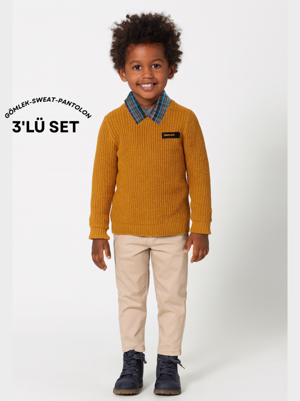 3'lü Set Hardal Triko Sweat & Pantolon & Gömlek Erkek Çocuk Takım - Image 1