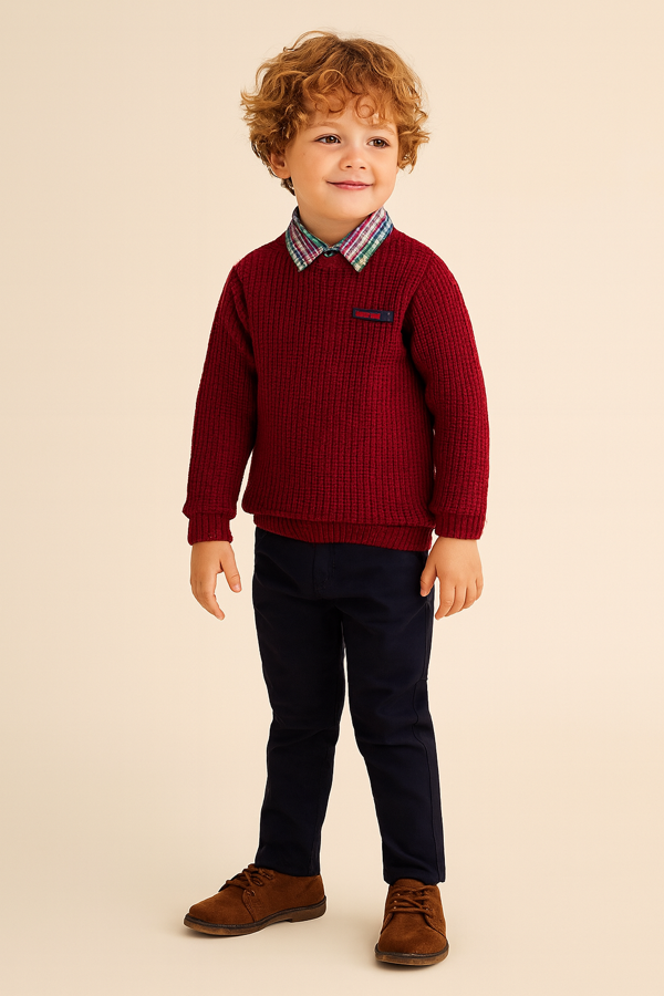 3'lü Set Triko Sweatshirt & Gömlek & Gabardin Pantolon Takım - Image 1