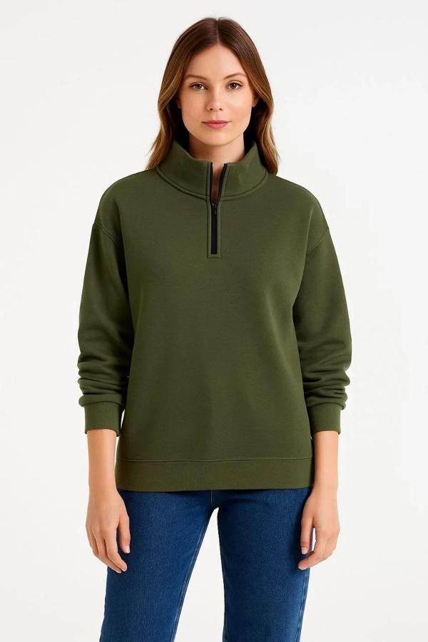 Kadın Üç İplik Dık Yaka Yarım Fermuarlı SweatShirt - Haki - Image 1
