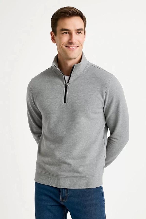 Erkek Dik Yaka Sweatshirt Dik Yaka Yarım Fermuarlı 3 İplik Şardonlu Pamuk Kumaş - Gri - Image 1