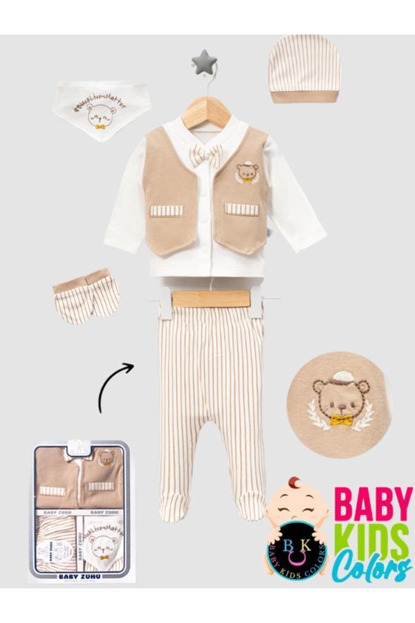Baby Kids Colors Kutulu - Erkek Yenidoğan Kıyafetleri 5'Li Hastane Çıkış Setleri Papyonlu Ayıcık Nakışlı %100 Pamuk - Image 1
