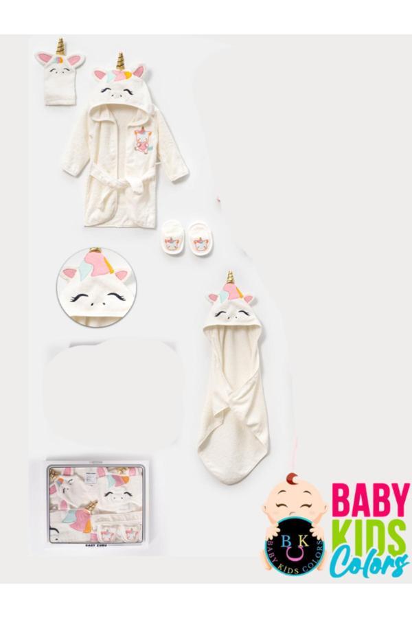 Baby Kids Colors Kutulu 4 Parça Unicorn Kapşonlu %100 Pamuk Bebek Bornoz Takımı - Image 1