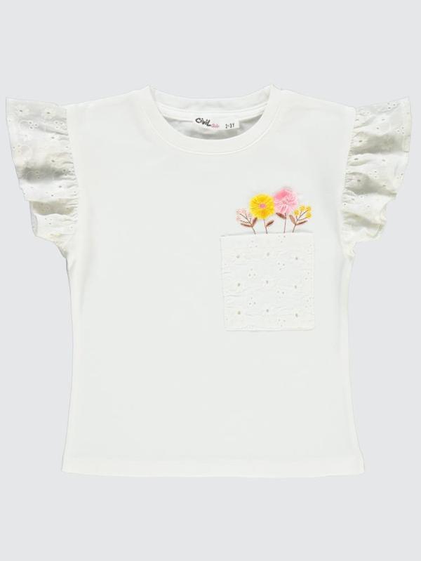 Civil Girls Cepli Çiçek Nakışlı 2-5 Yaş Tişört - Ekru2-3 Yaş - Image 1
