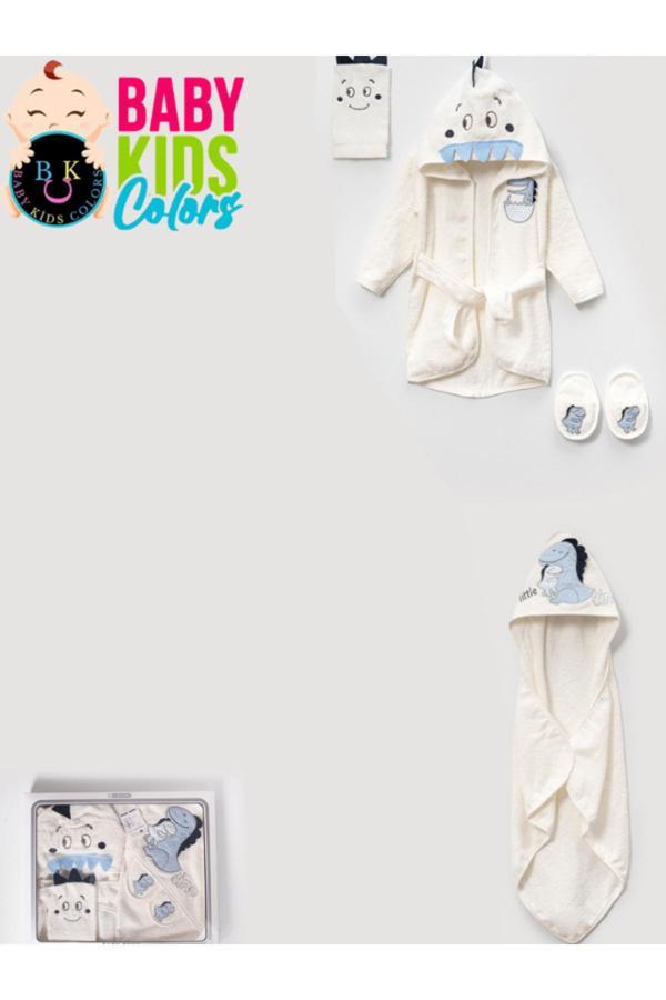 Baby Kids Colors Kutulu 4 Parça Dinazor Kapşonlu %100 Pamuk Bebek Bornoz Takımı - Image 1