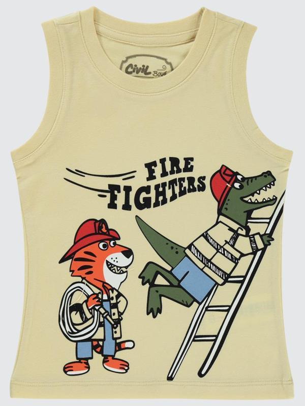 Civil Boys Fıre Fıghters Baskılı Sıfır Kol 2-5 Yaş Tişört - Bej2-3 Yaş - Image 1