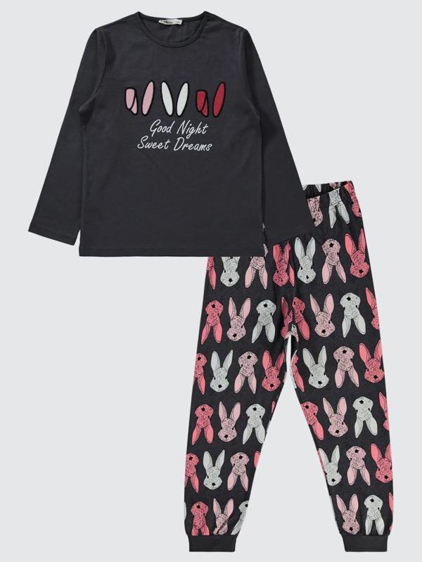 Civil Girls Büyük Tavşan Empirme 6-9 Yaş Pijama Takımı - Gri7-8 Yaş - Image 1