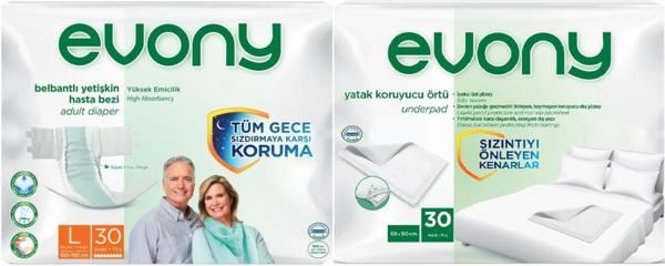 Evony Hasta Bezi Yetişkin Bel Bantlı Tekstil Yüzey L-Büyük 30 Adet + Yatak Koruyucu Örtü 30 Adet - Image 1